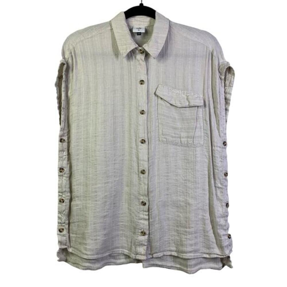 CABI Beige Linen Oversized Cap Sleeve Textured Button Down Shirt Size XS